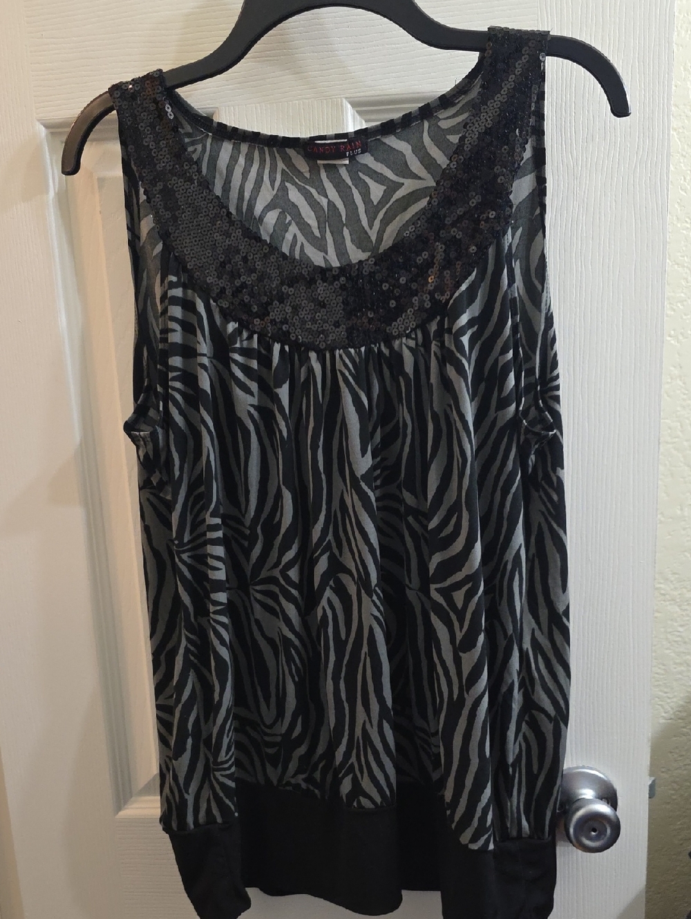 Candy Rain Black Zebra Print Sequin-Trim Tank Top Size 1X